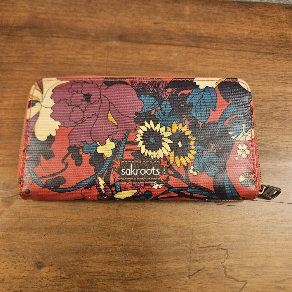 Sakroots Women's Peace Wallet Coated Canvas Floral Embroidered Zip‎ Around Red